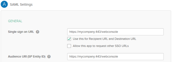 Screenshot of the Single sign on & Audience boxes on the Okta configuration screen